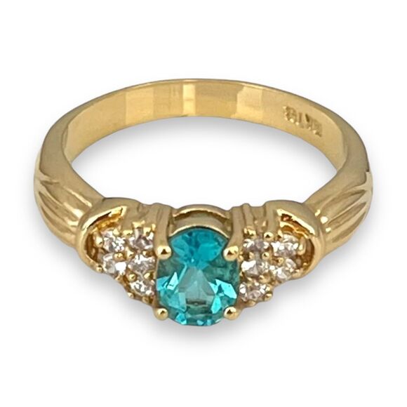 Vintage Ring Size 9 Blue Cubic Zirconia Crystal 18K Gold Plate Mid-Century 14E - Picture 8 of 15